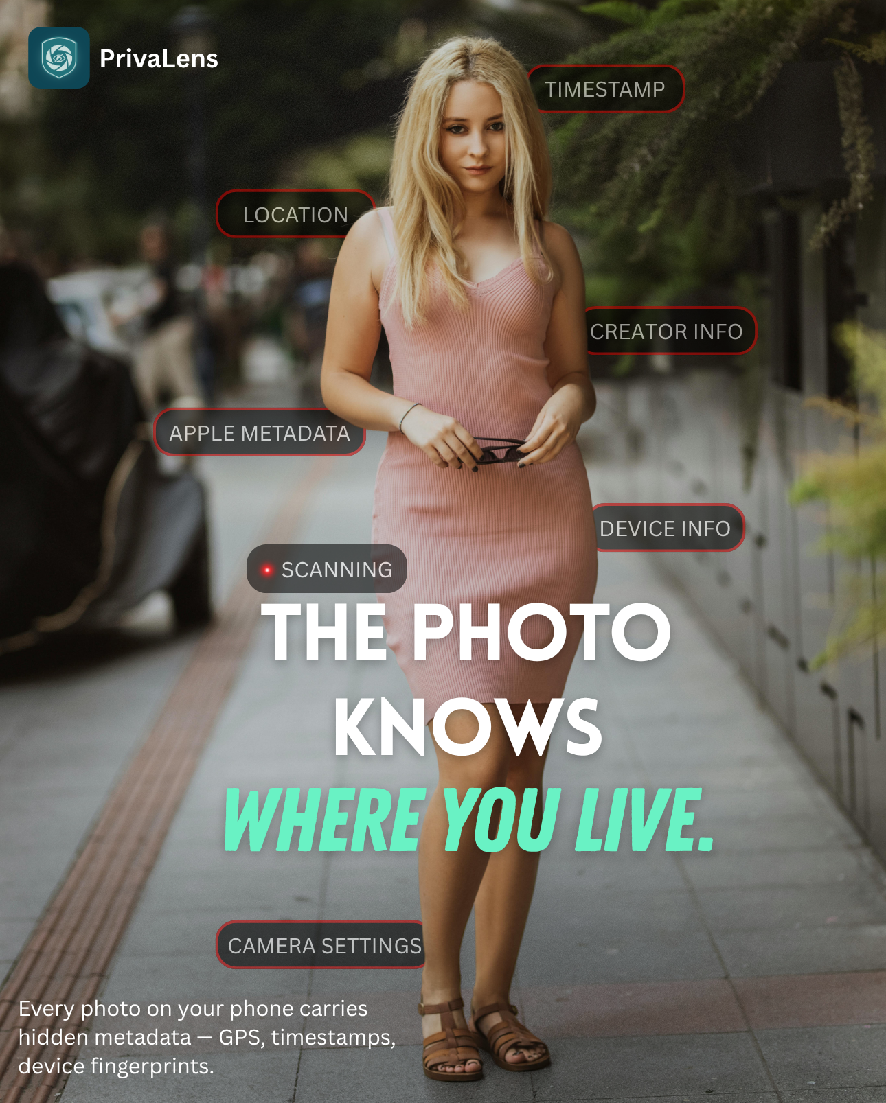 PrivaLens ad showing hidden photo metadata labels