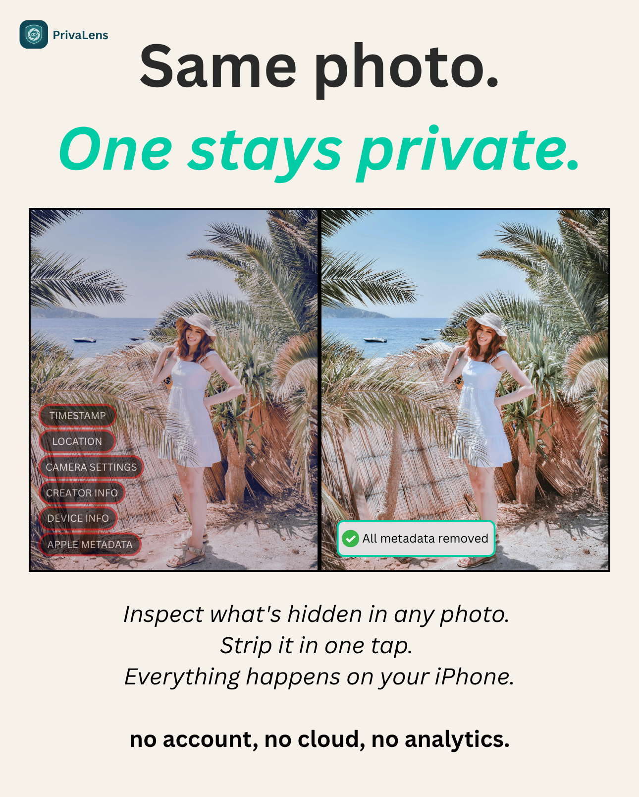 PrivaLens ad comparing the same photo before and after metadata removal