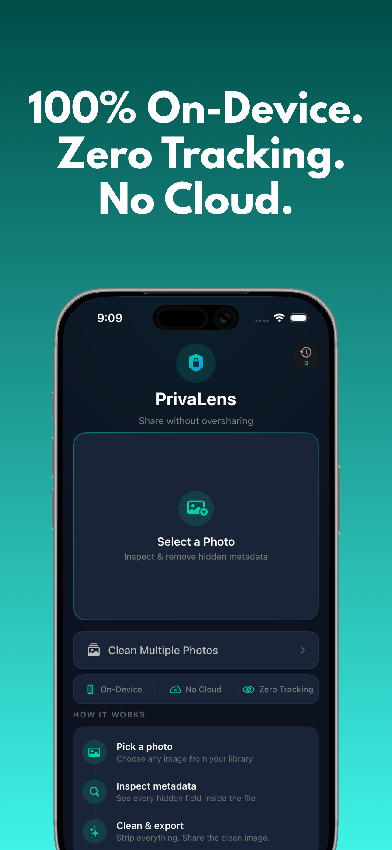 PrivaLens home screen showing on-device, no cloud, zero tracking badges