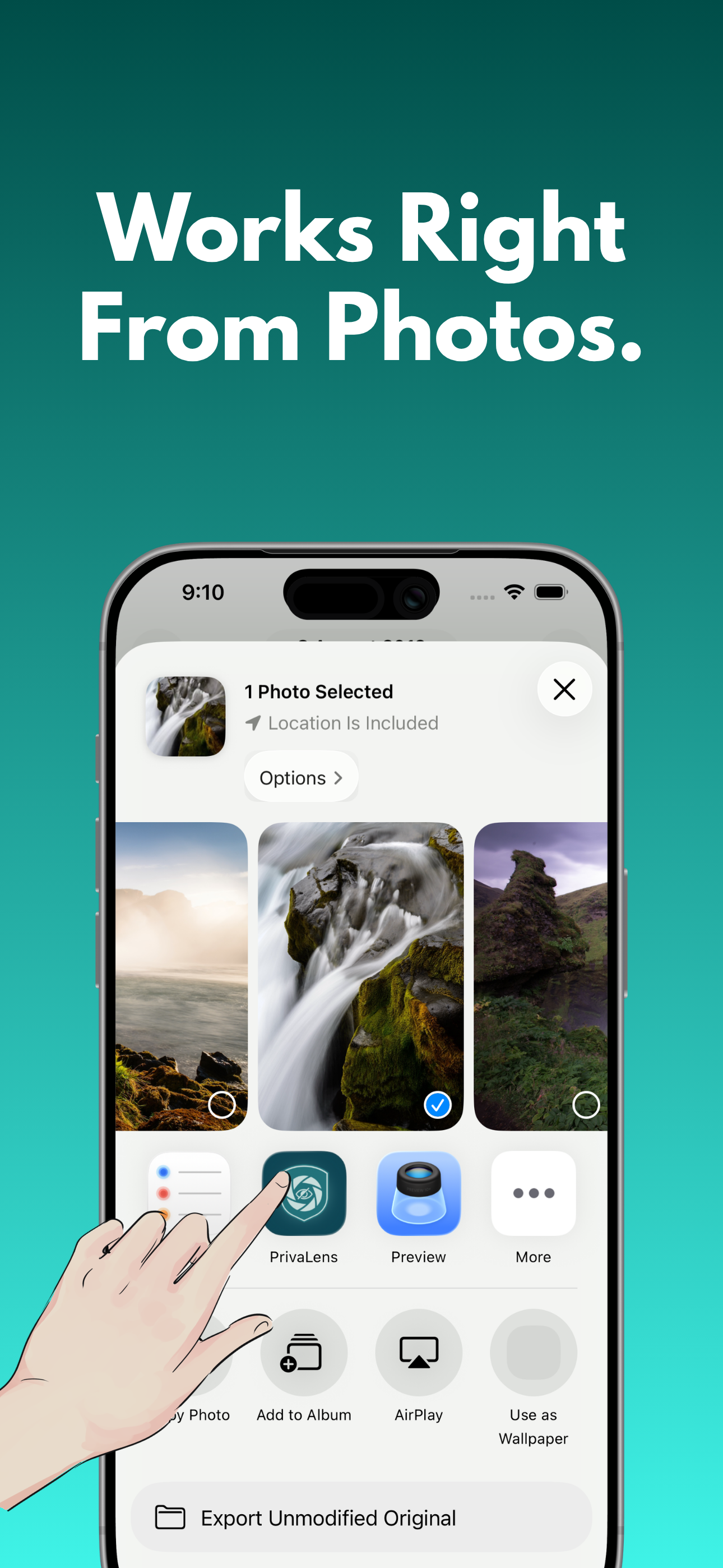 PrivaLens available from the iOS Photos share sheet